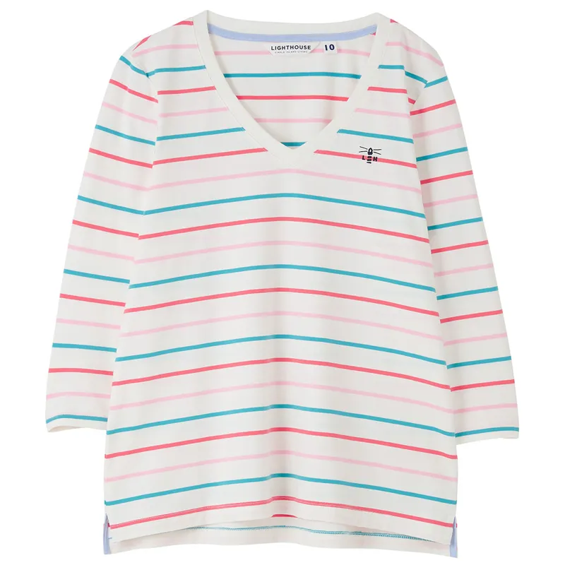 Lighthouse Ariana Ladies 3/4 Sleeve T-Shirt - Coral/Teal Stripe-3