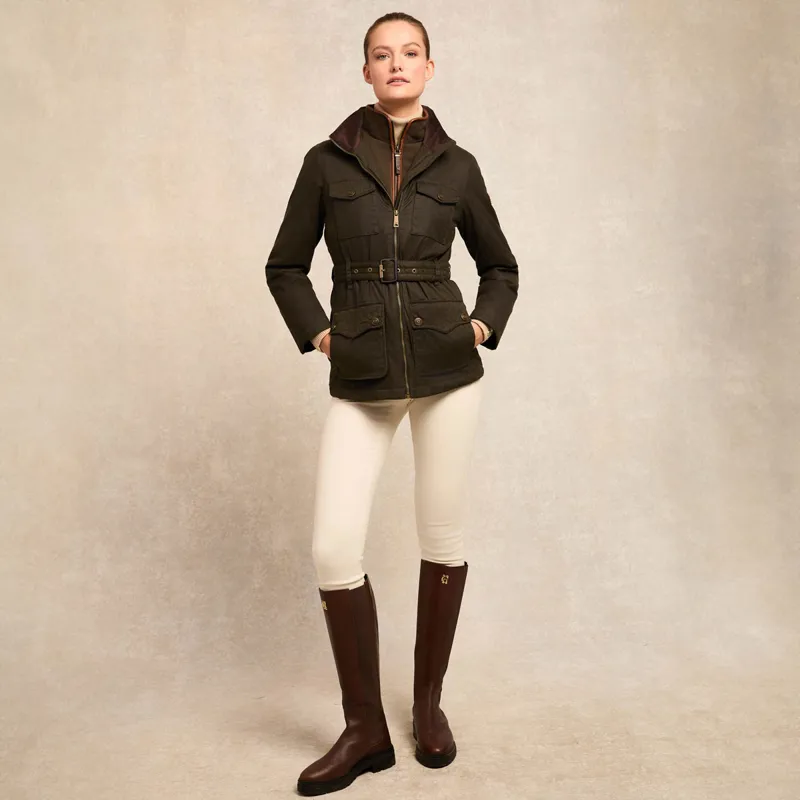 Holland Cooper Belted Waxed Ladies Jacket - Dark Olive-2