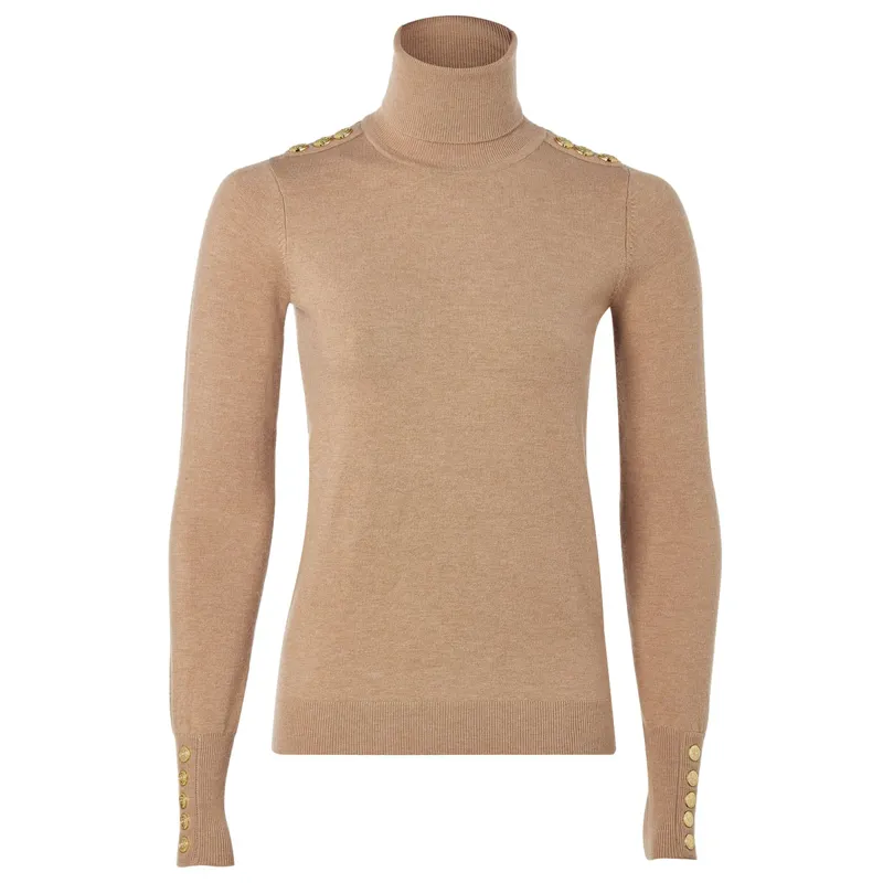 Holland Cooper Buttoned Knit Ladies Roll Neck - Dark Camel-5