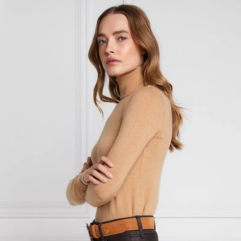 Holland Cooper Buttoned Knit Ladies Roll Neck - Dark Camel-1