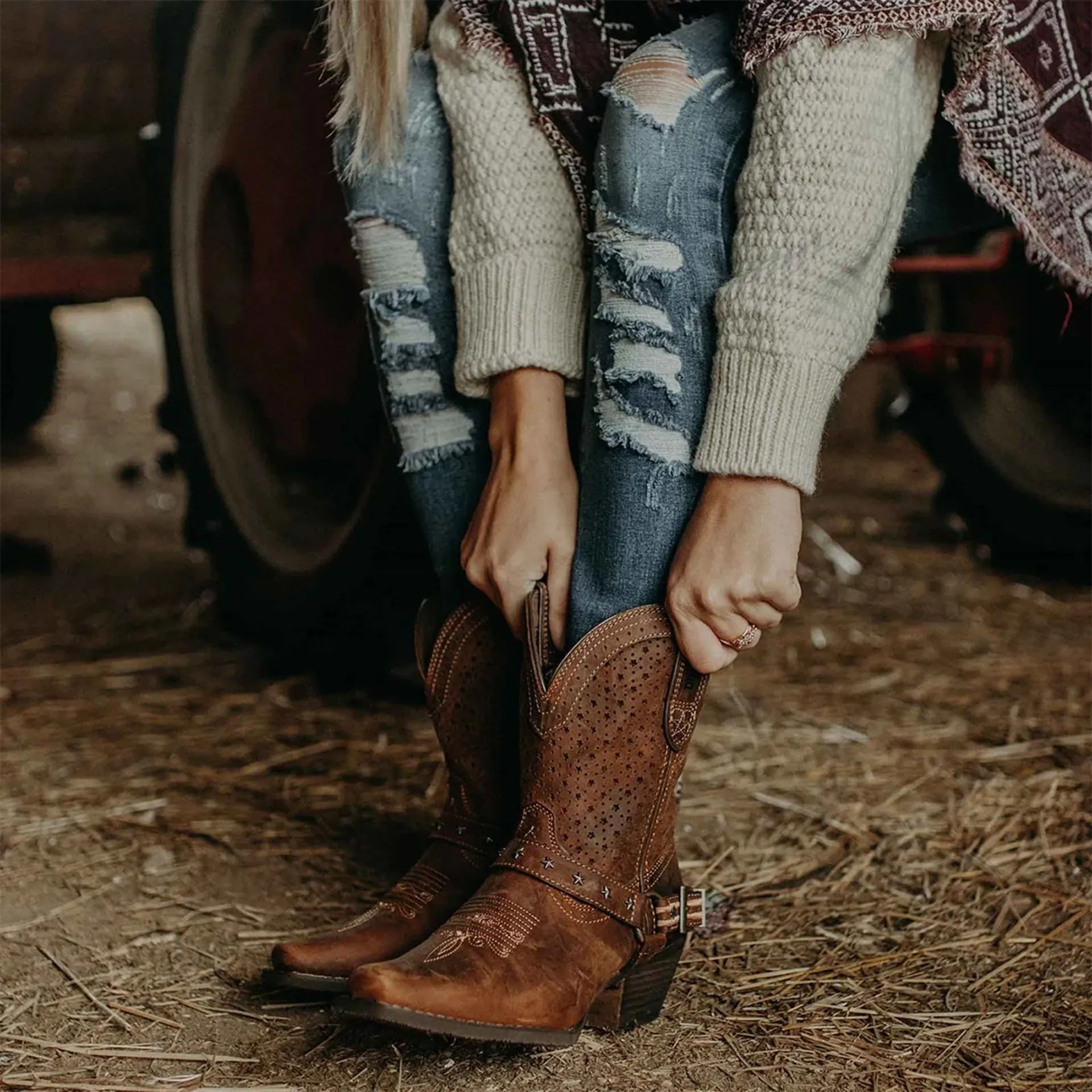 Bottes Cowboy Femme Durango Cuir Marron Pointes Dorées - Taille 9M - Occasion Bon état