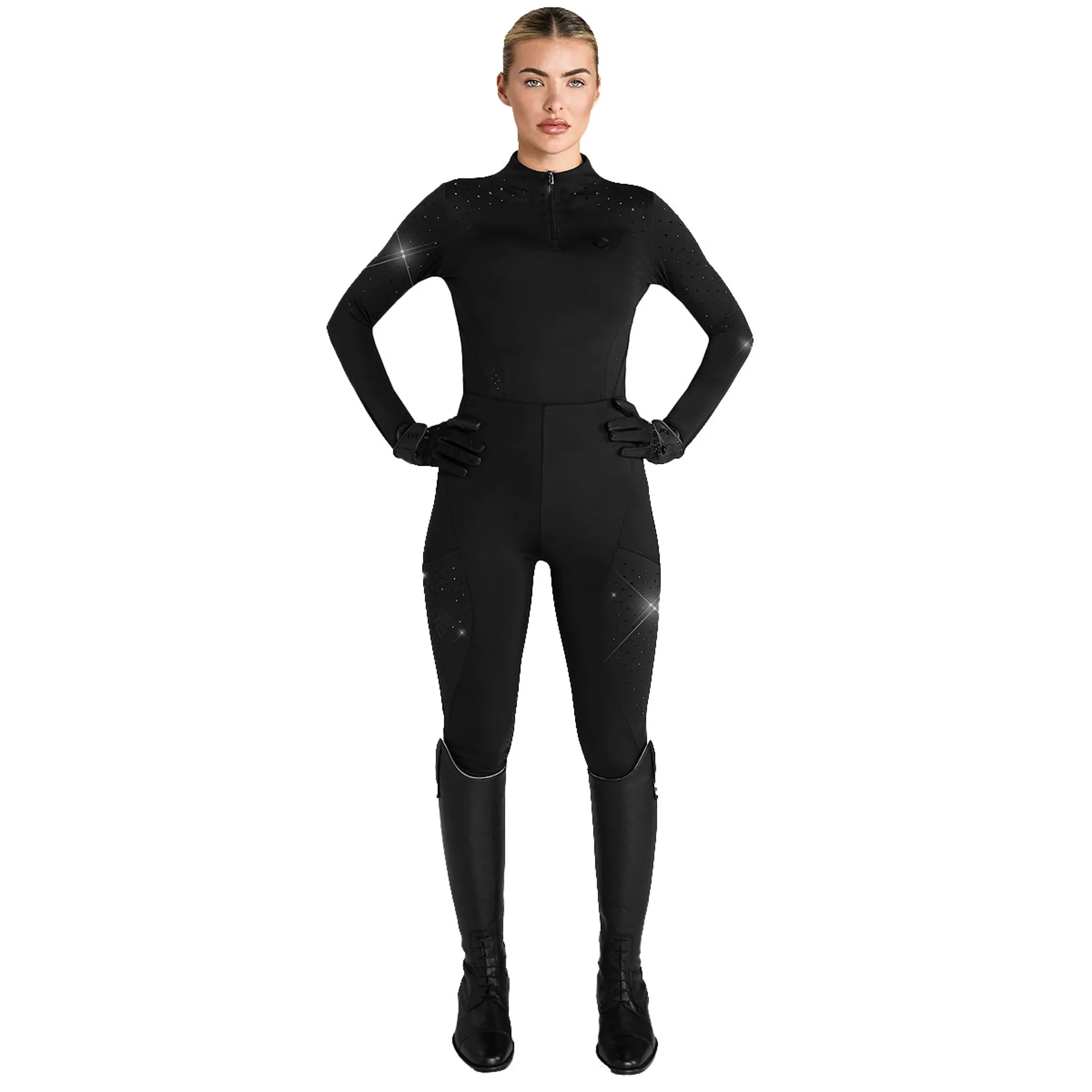 Aztec Diamond Crystal Full Grip Womens Riding Leggings - Black