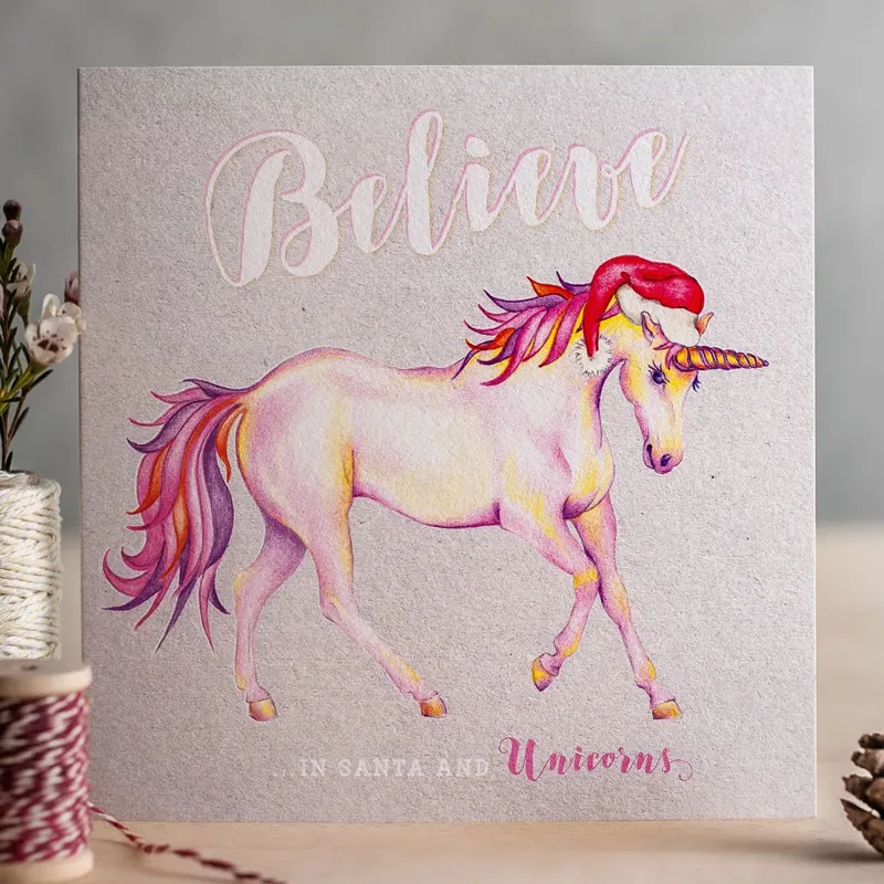 Deckled Edge Christmas Card - Believe in Santa and Unicorns