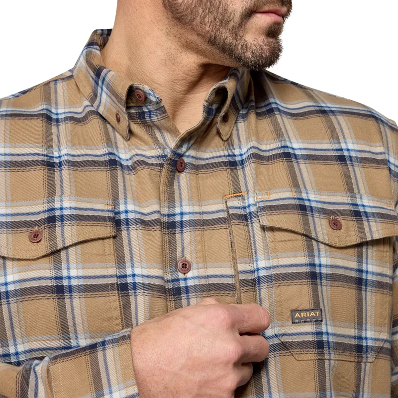 Ariat Rebar Mens DuraStretch Flannel Long Sleeve Work Shirt - Field Khaki-2