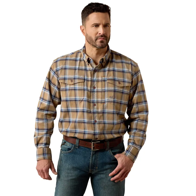 Ariat Rebar Mens DuraStretch Flannel Long Sleeve Work Shirt - Field Khaki
