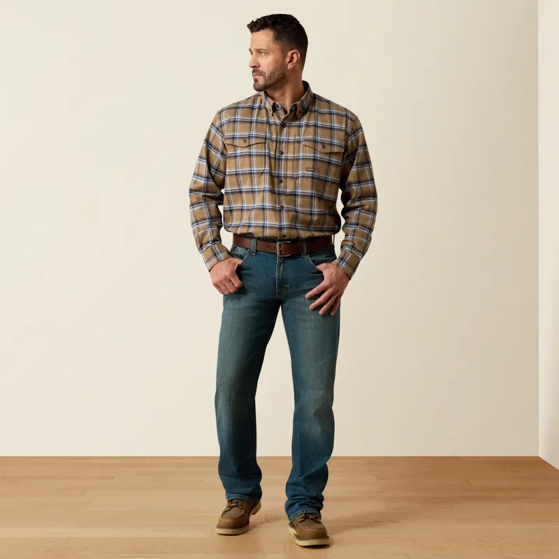 Ariat Rebar Mens DuraStretch Flannel Long Sleeve Work Shirt - Field Khaki-3