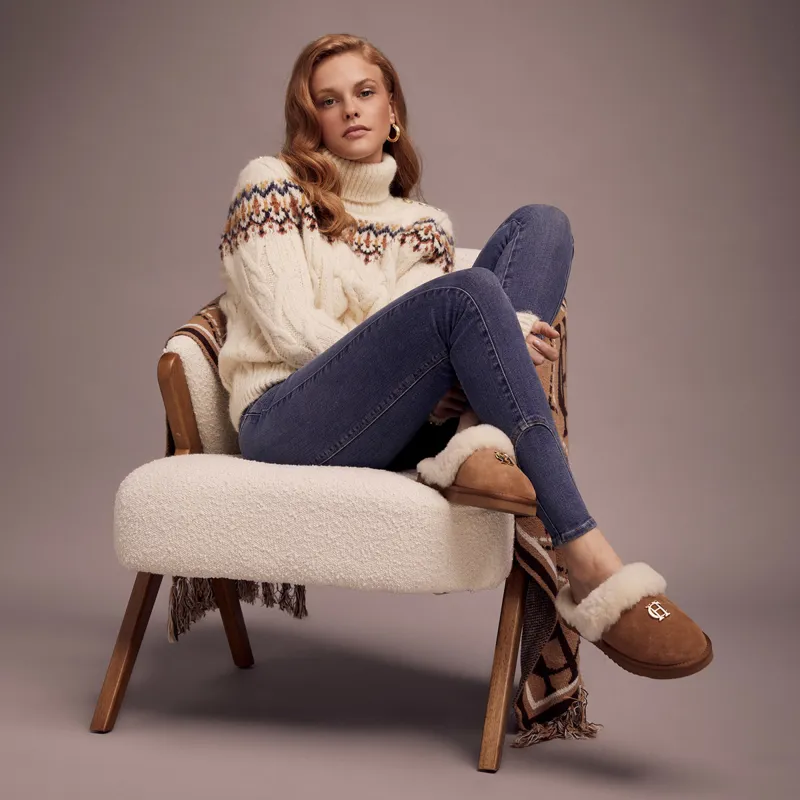 Holland Cooper Shearling Slippers - Tan-5