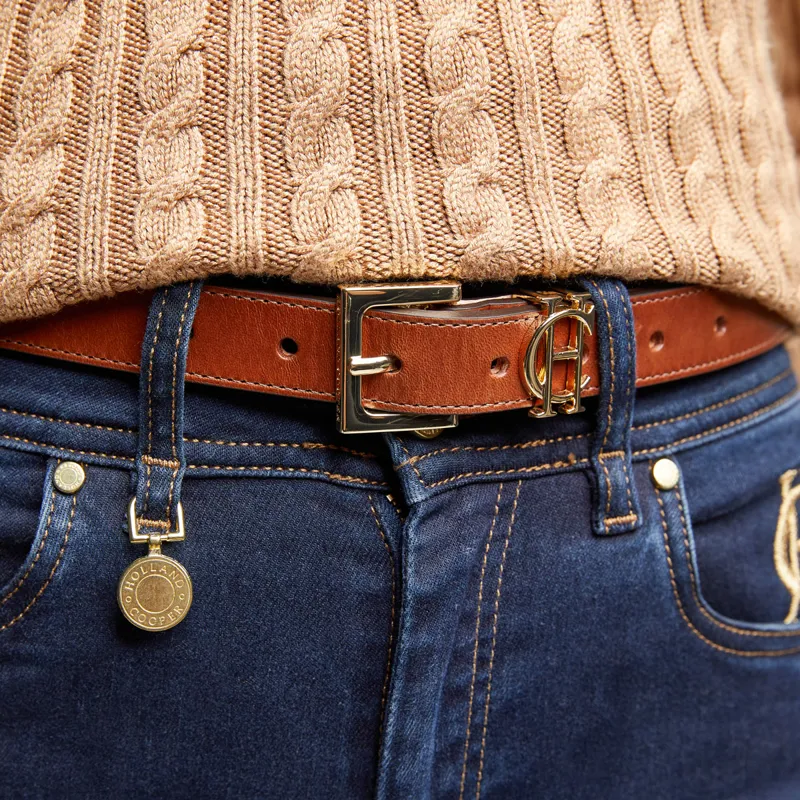 Holland Cooper Slim Logo Leather Belt - Tan-1