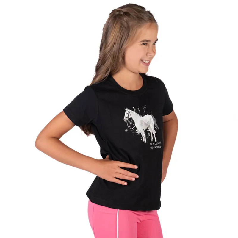 HKM Sparkle Horse Junior Girls T-Shirt - Black-4