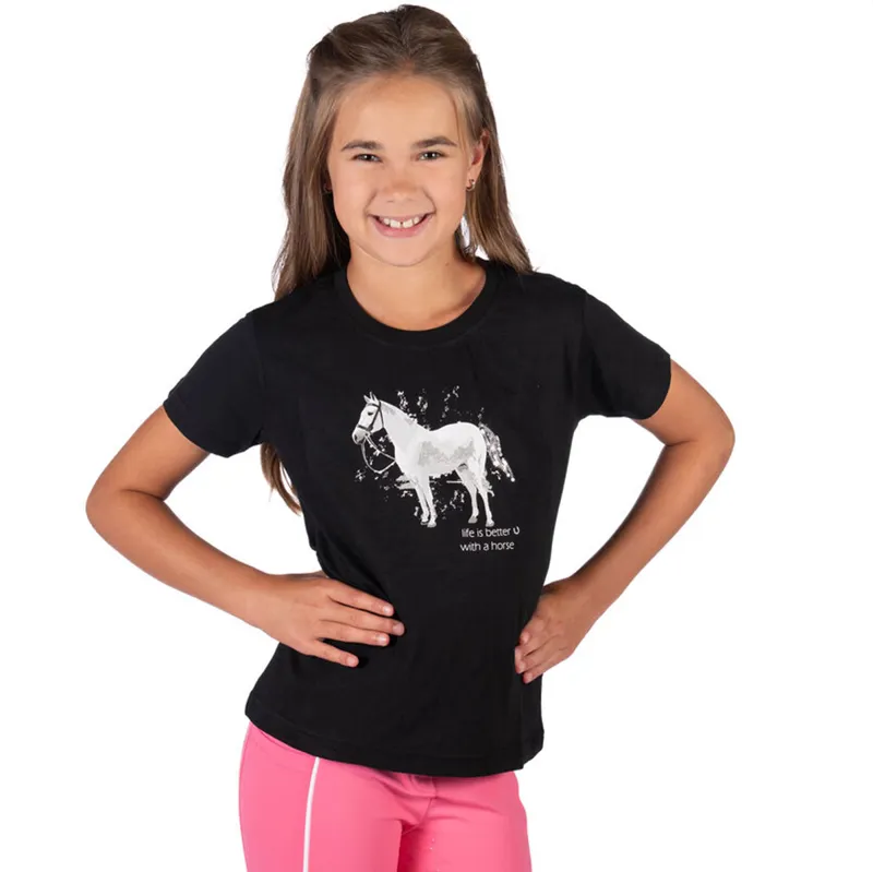 HKM Sparkle Horse Junior Girls T-Shirt - Black-3