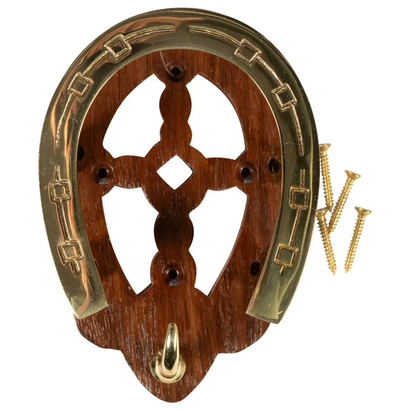 HKM Horseshoe Bridle Hook - Wooden/Brass