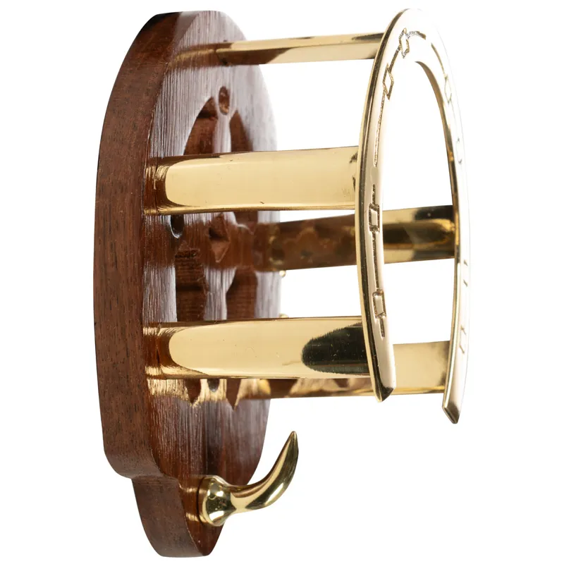 HKM Horseshoe Bridle Hook - Wooden/Brass-1