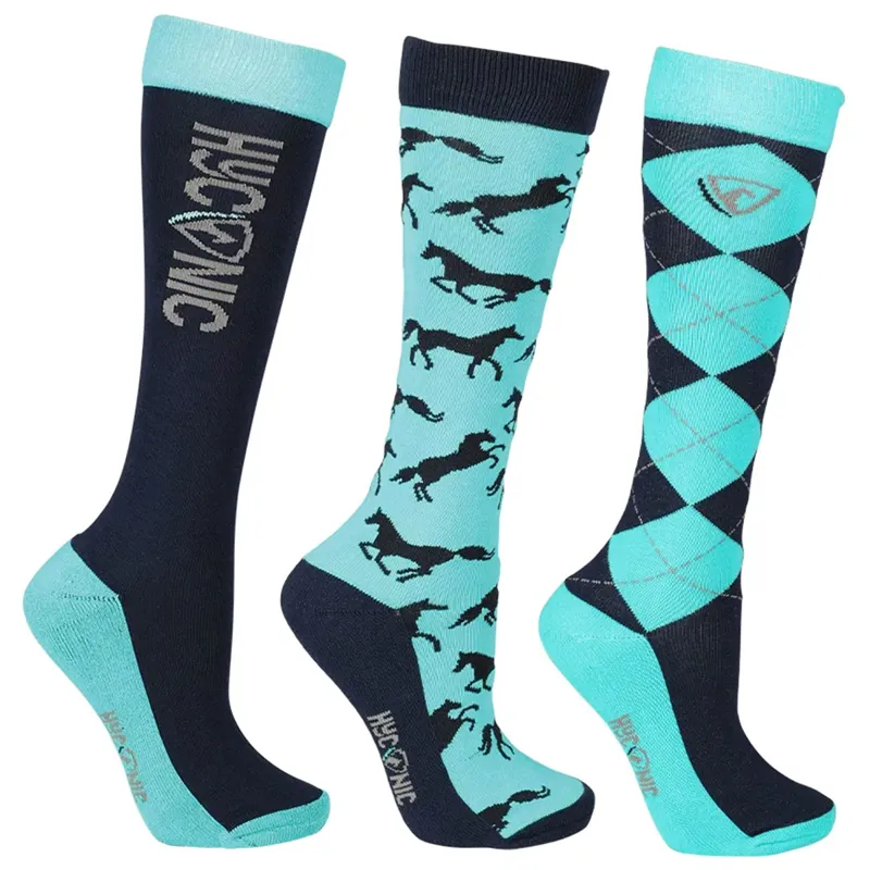 HyCONIC 3 Pack Tall Junior Pattern Riding Socks - Navy/Teal