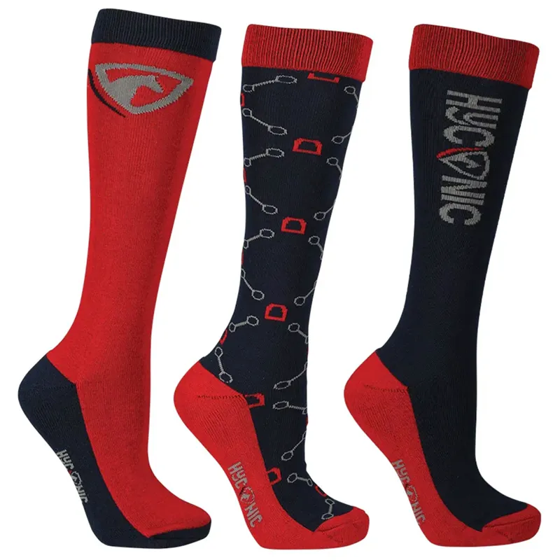 HyCONIC 3 Pack Tall Junior Pattern Riding Socks - Navy/Red