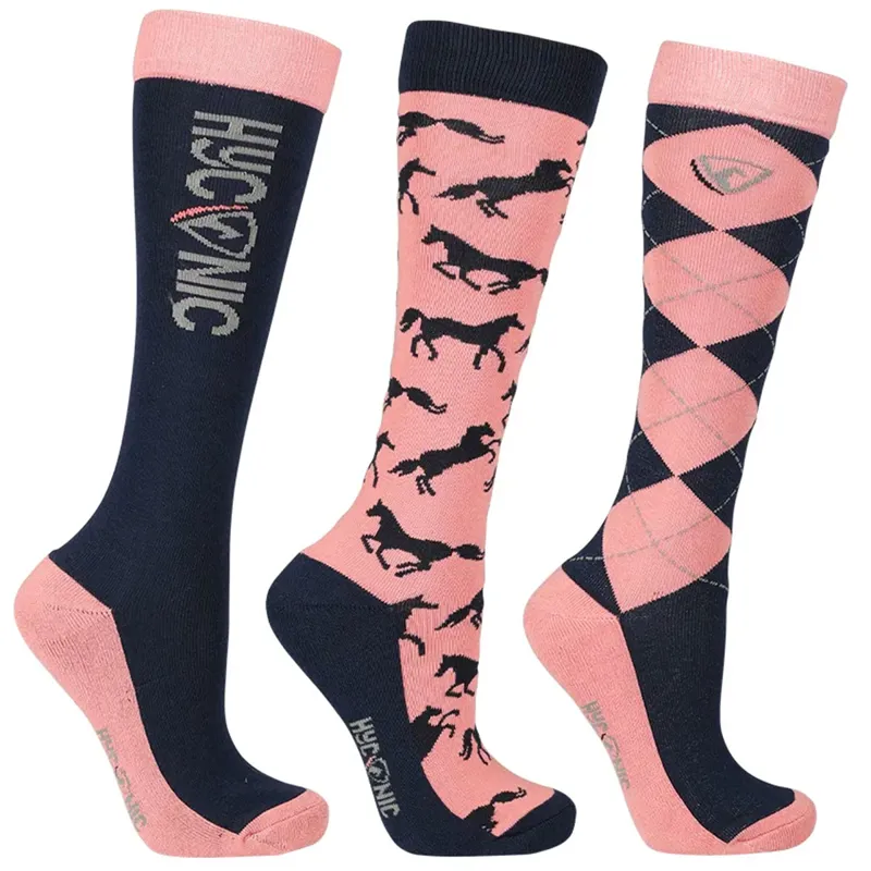 HyCONIC 3 Pack Tall Junior Pattern Riding Socks - Navy/Rose