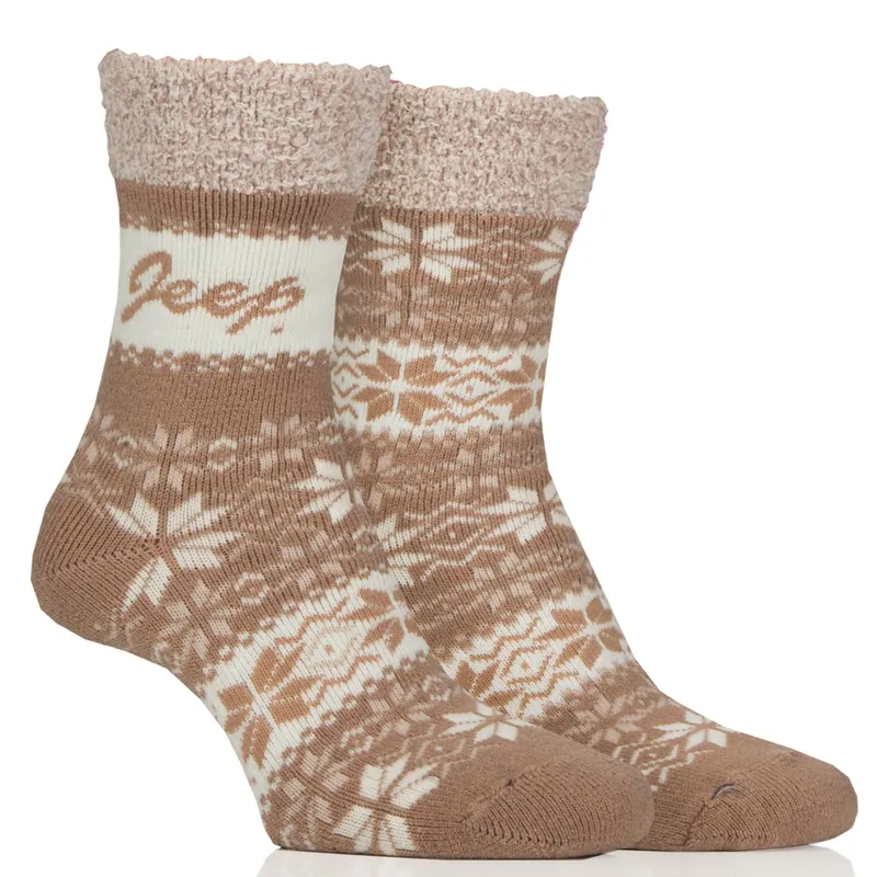 Jeep Brushed Ladies Thermal Boot Socks 2 Pack - Fawn/Ecru