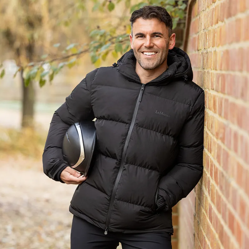 Men's Hooded Box Quilt Puffer Jacket in Black