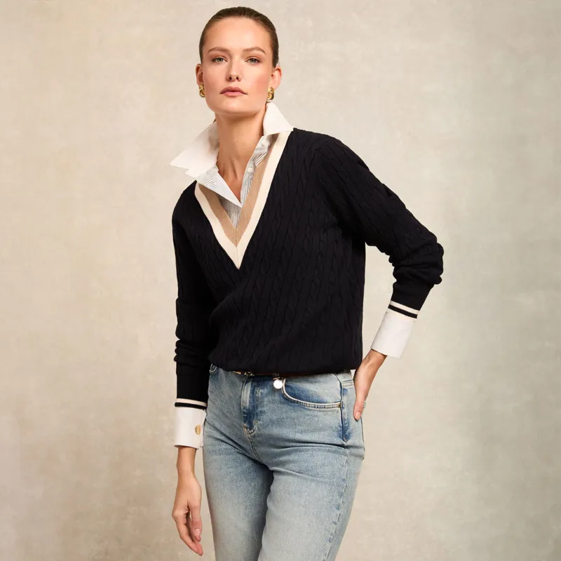 Holland Cooper Melissa V-Neck Knit Ladies Jumper - Ink Navy-3