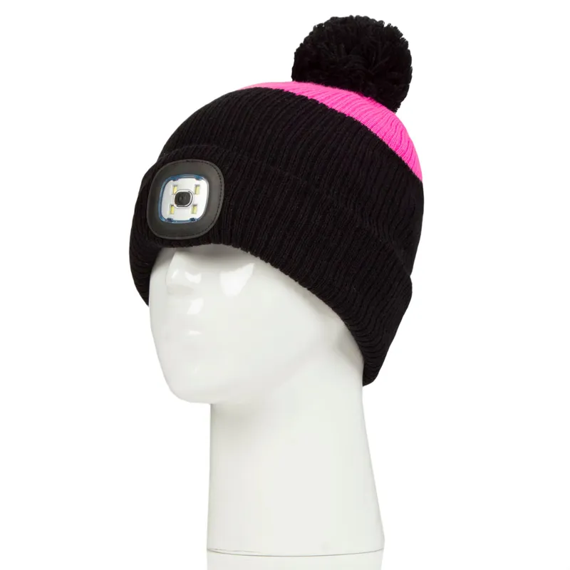 Platinum Mull Ladies Waterproof LED Pom Beanie Hat - Black/Cerise-1