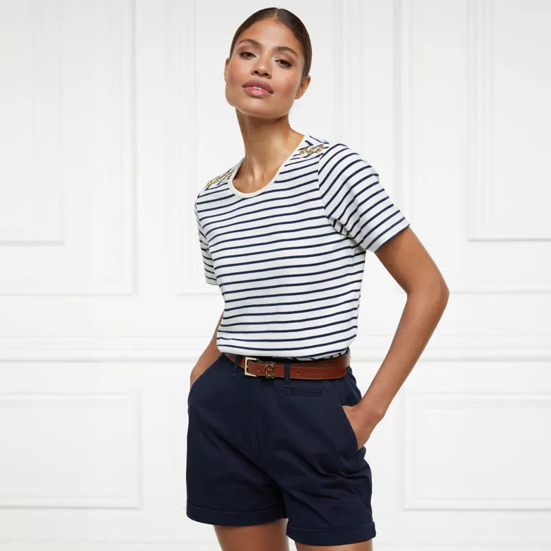 Holland Cooper Padstow Crew Neck Ladies Tee - Natural/Ink Navy Stripe-1