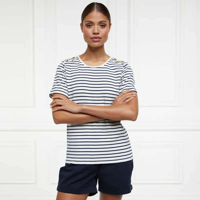 Holland Cooper Padstow Crew Neck Ladies Tee - Natural/Ink Navy Stripe-10
