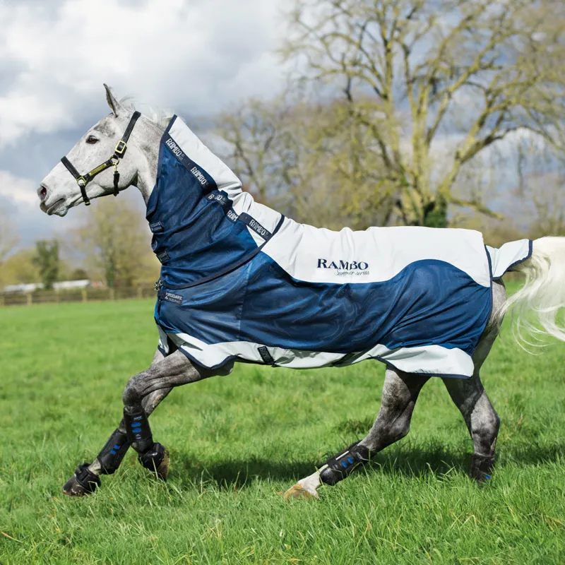 Rambo Summer Series V-Front Waterproof Turnout Fly Rug - Navy/Grey-1