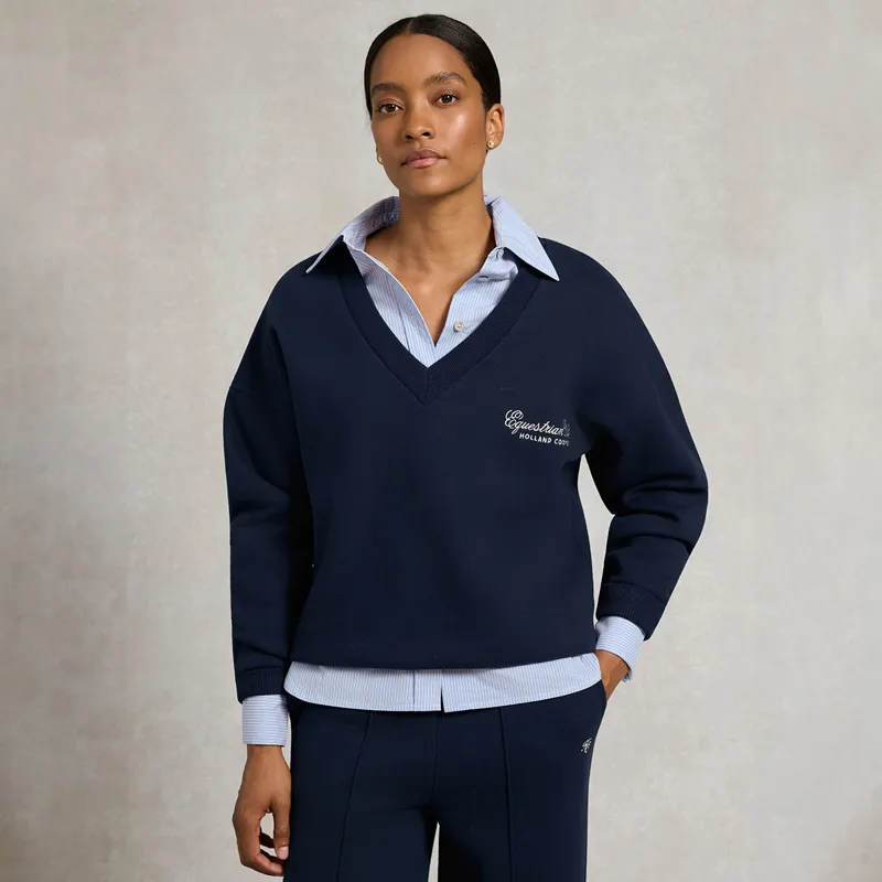 Holland Cooper Relaxed Fit V-Neck Womens Sweater - Ink Navy Ecru-2