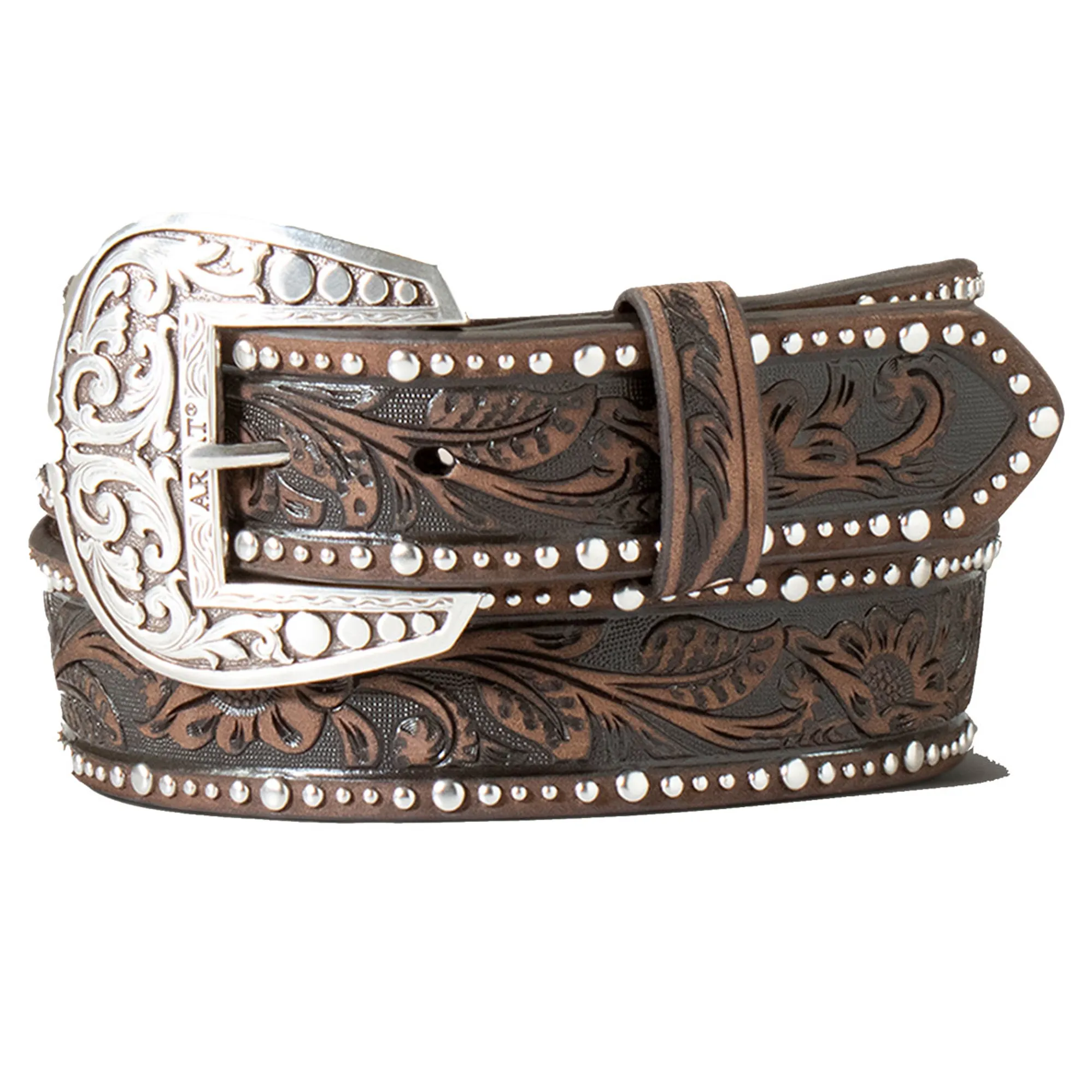 Ariat Studded Tooled Embossed Ladies Belt Brown1