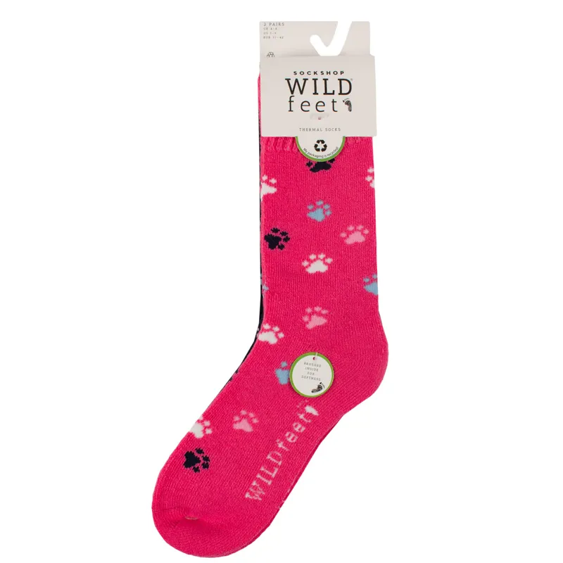 Sockshop Wild Feet Womens Thermal Crew Socks 2 Pack - Paw Print-1