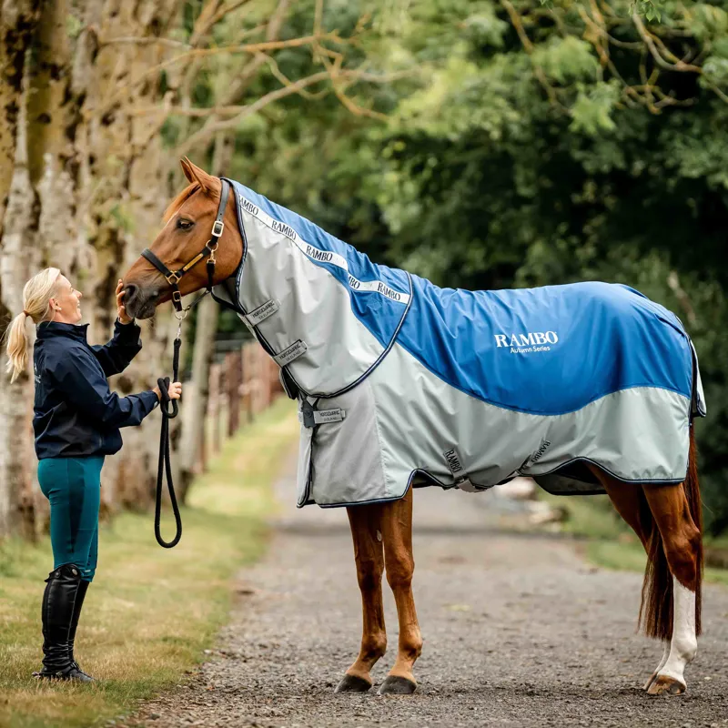 Rambo Autumn Series Detach-A-Neck 0g Turnout Rug With 100g Liner - Navy/Grey-2