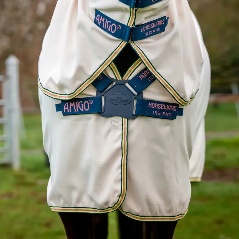 Amigo Ripstop Hoody Combo Neck Fly Rug - Chalk/Navy/Rose-5