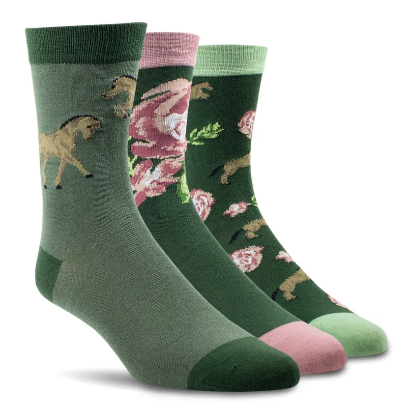 Ariat Charm Crew 3 Pack Socks - Floral Horse