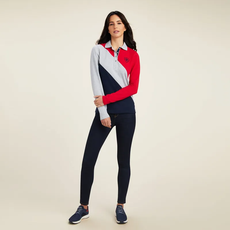 Ariat Taryn Ladies Long Sleeve Polo Shirt - Red/Grey/Navy - X-Small-2