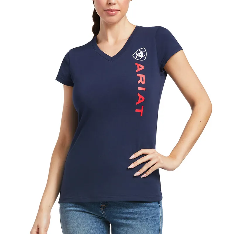 Ariat Vertical Logo Ladies Tee - Navy/Red - X-Small