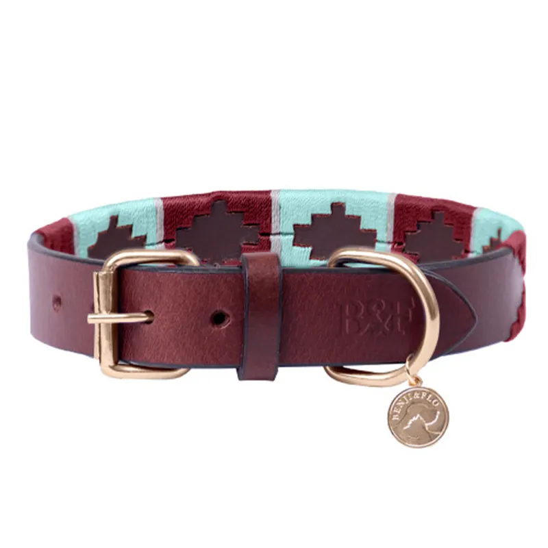 Benji and Flo Sublime Polo Leather Dog Collar - Aqua/Fig