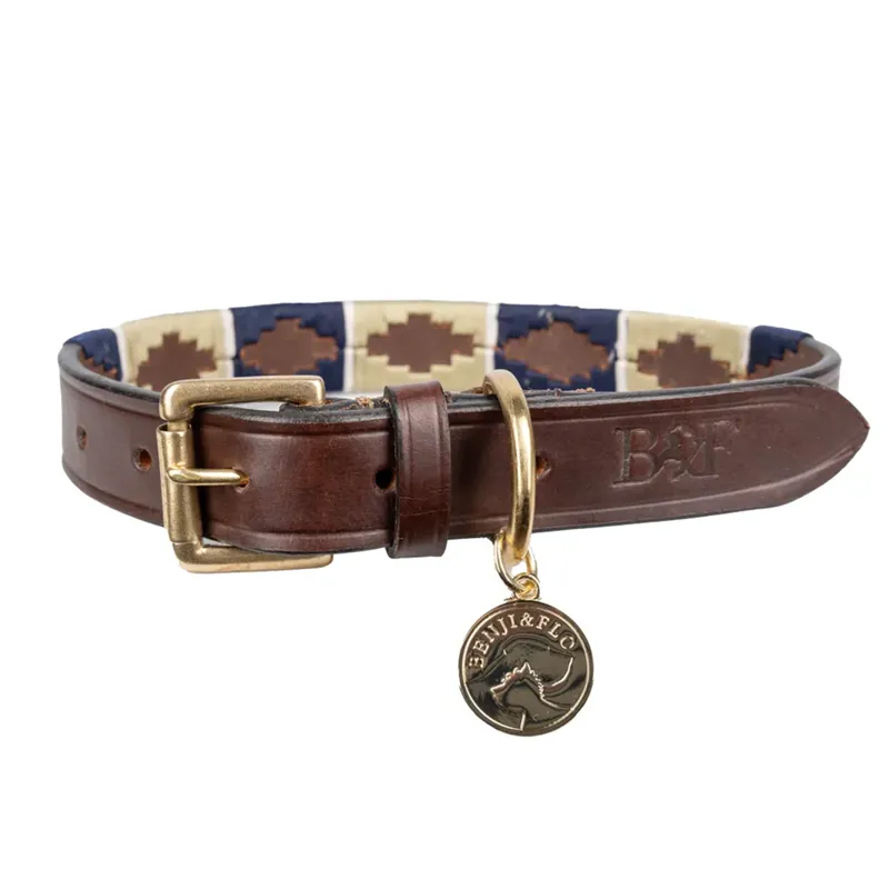 Benji and Flo Sublime Polo Leather Dog Collar - Navy/Fossil
