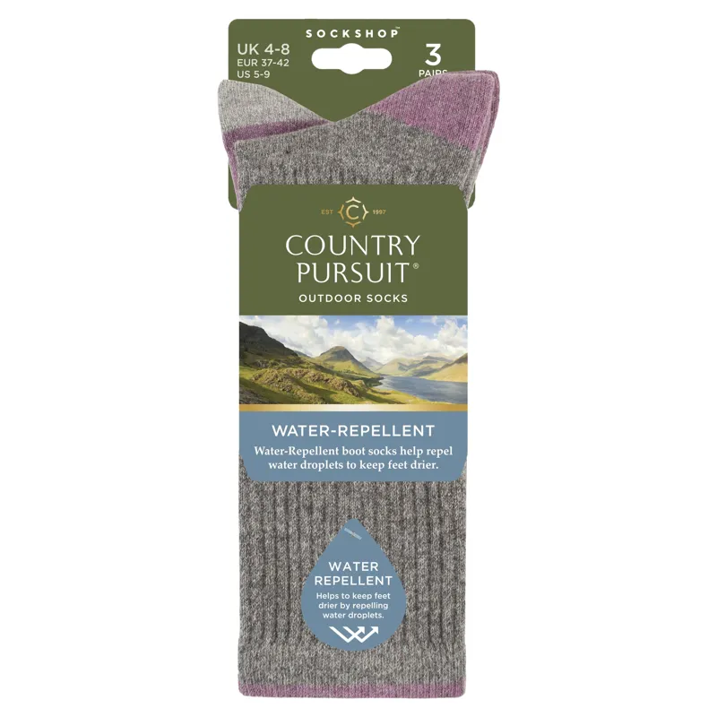 Country Pursuit Womens Water Resistant Boot Socks 3 Pack - Grey/Pink-1