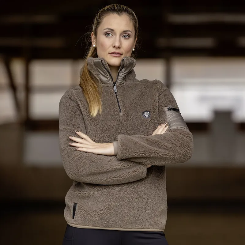 Covalliero Teddy Fleece Ladies Quarter Zip Sweater - Taupe-2