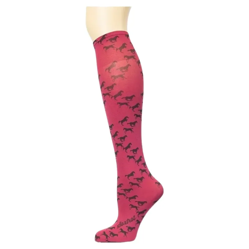 Dever Knee High Riding Socks - Little Black Horses Cranberry 