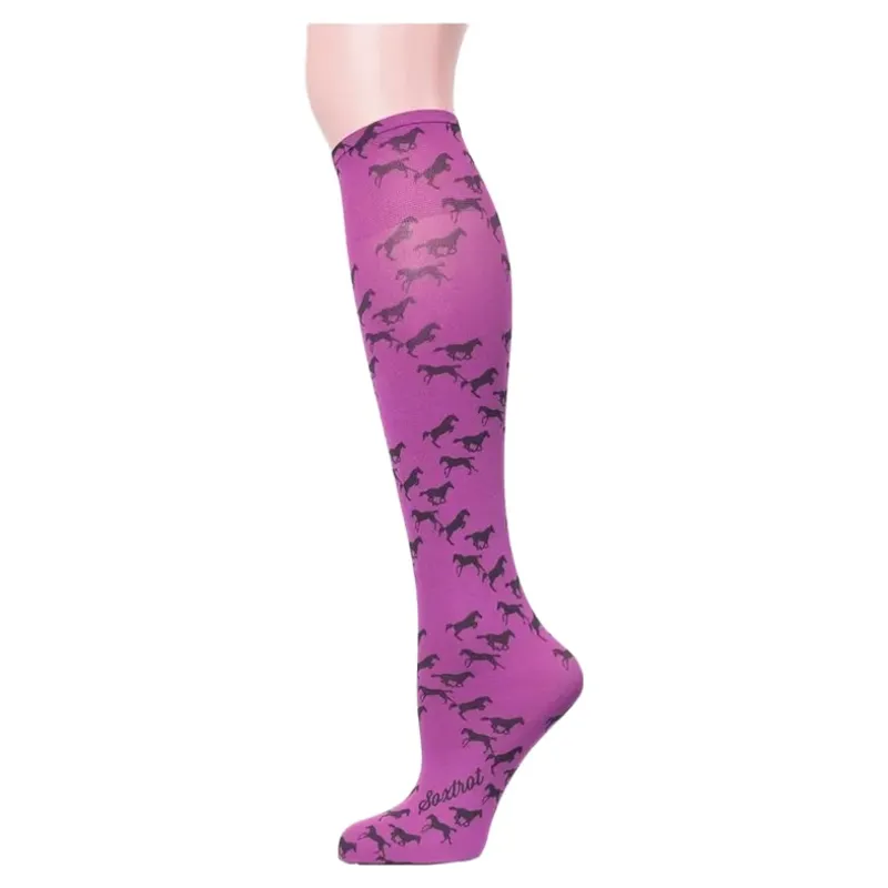 Dever Knee High Riding Socks - Little Black Horses Magenta 