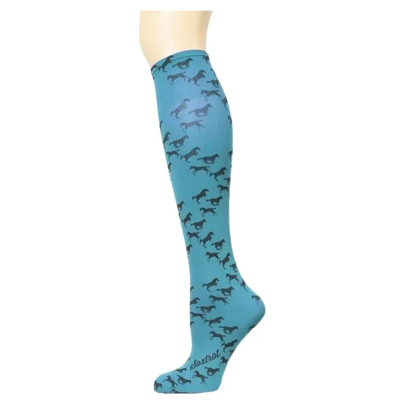 Dever Knee High Riding Socks - Little Black Horses Turquoise 