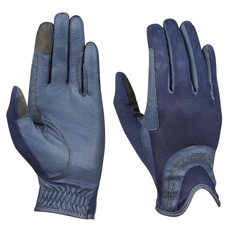 Dublin Pull On Glitter Mesh Back Adults Riding Gloves - Navy