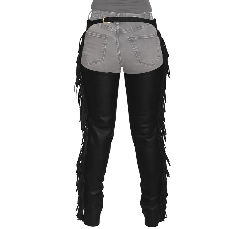 Dy'on Vegan Leather Long Chaps with Fringes - Black-1