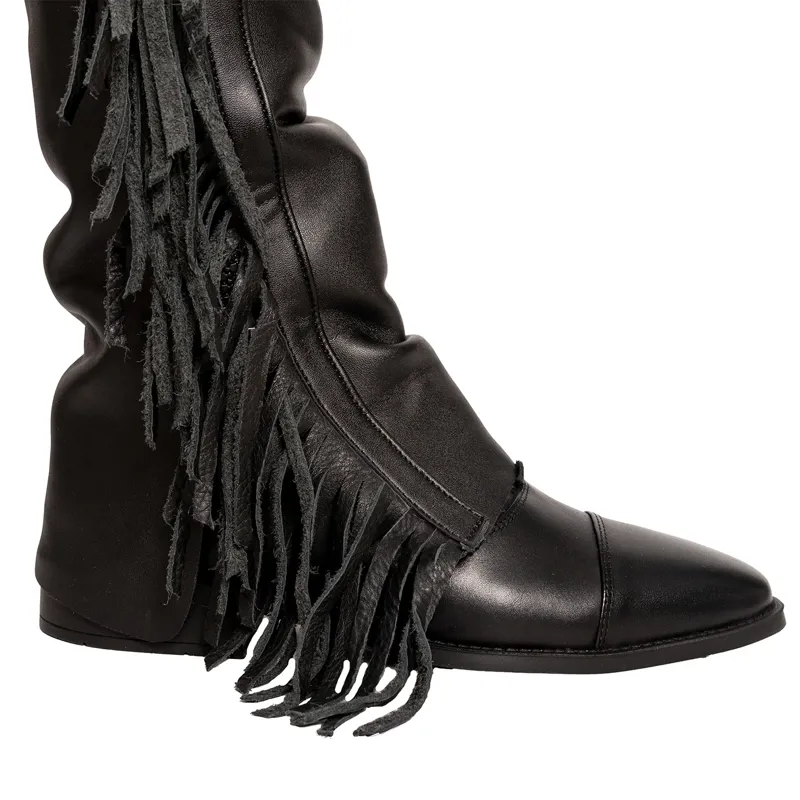Dy'on Vegan Leather Long Chaps with Fringes - Black-3