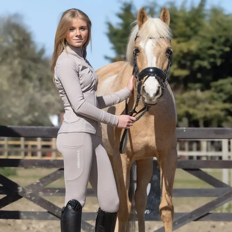 Equidry Junior Girls Full Zip Up Water Repellent Top - Sand/White-2