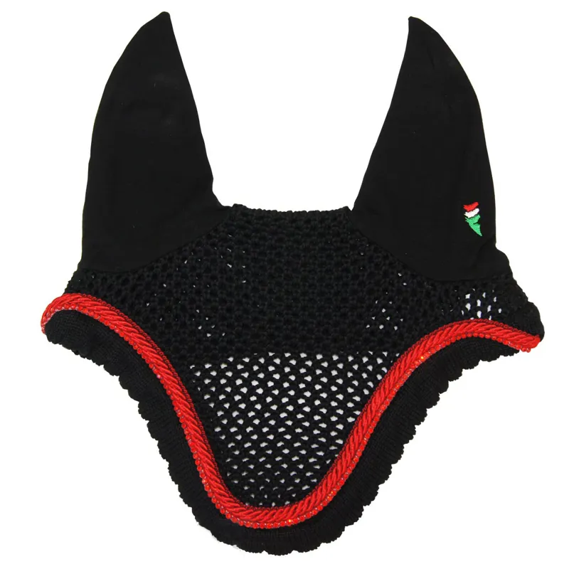 Equiline Kim Custom Ear Net - Black/52 Red/S010 Red Rhinestones