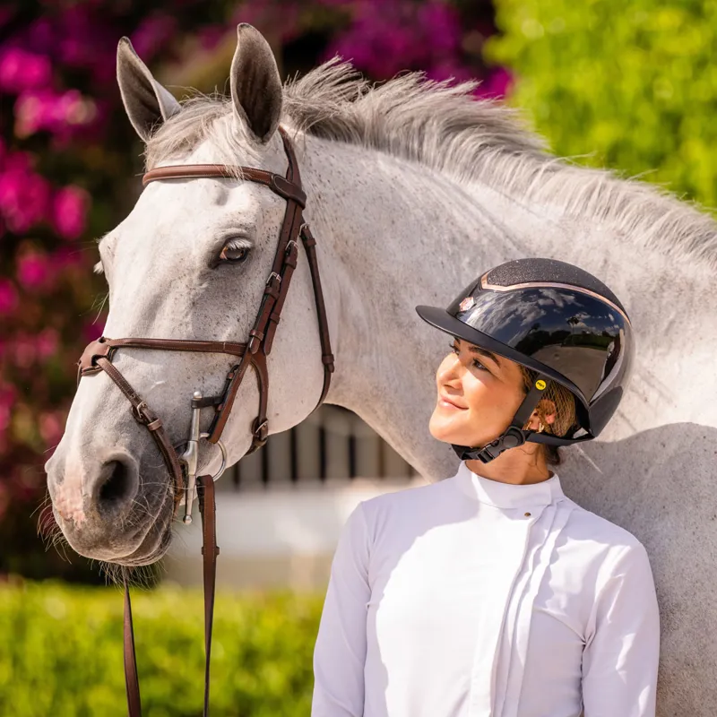 EQX Kylo Sparkly Wide Peak Riding Hat Black Gloss/Rose Gold