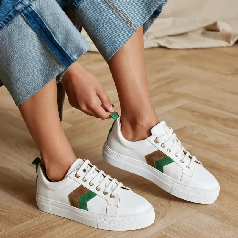 Fairfax and Favor Alexandra Platform Trainers - White/Clover Green/Tan-1