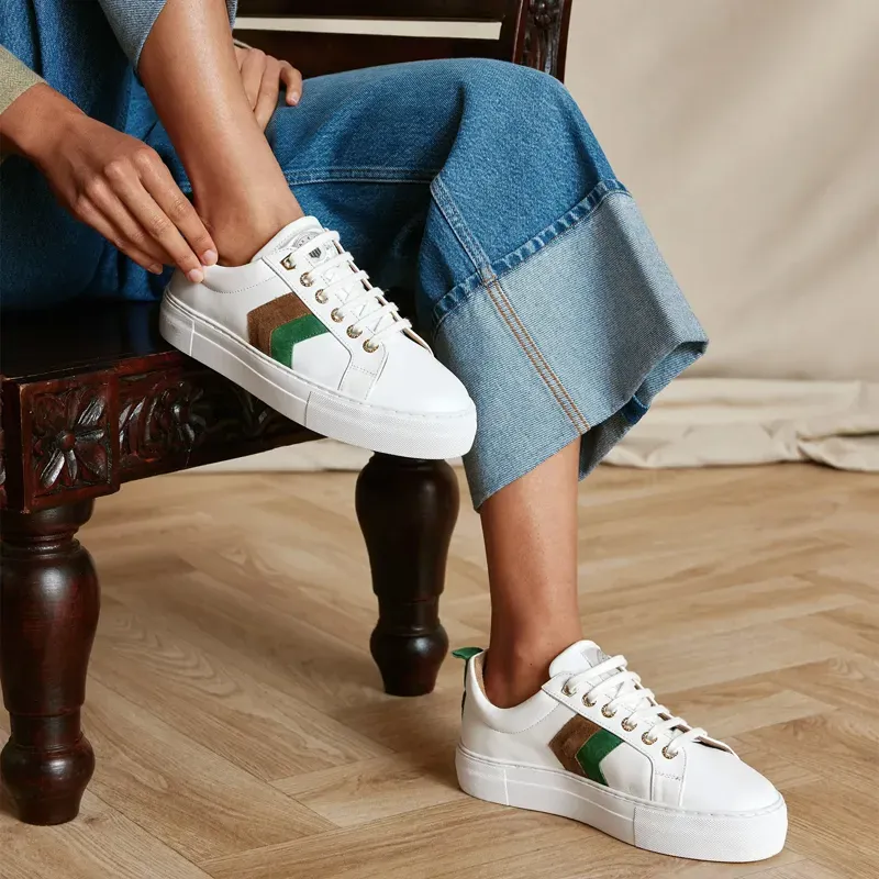 Fairfax and Favor Alexandra Platform Trainers - White/Clover Green/Tan-2