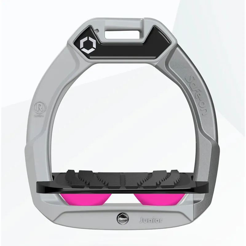 Flex-On Safe-On Junior Safety Stirrups - Light Grey/Black/Pink